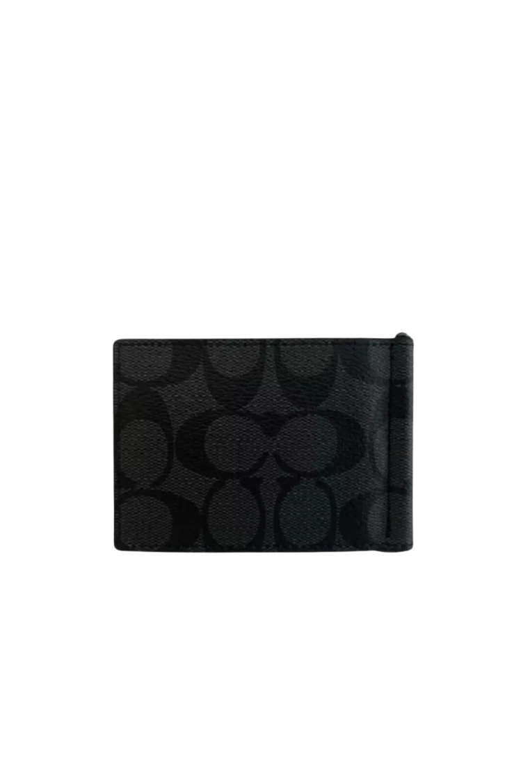 Coach Slim Money Clip Billfold Wallet CH086 With Signature Canvas In Charcoal Black