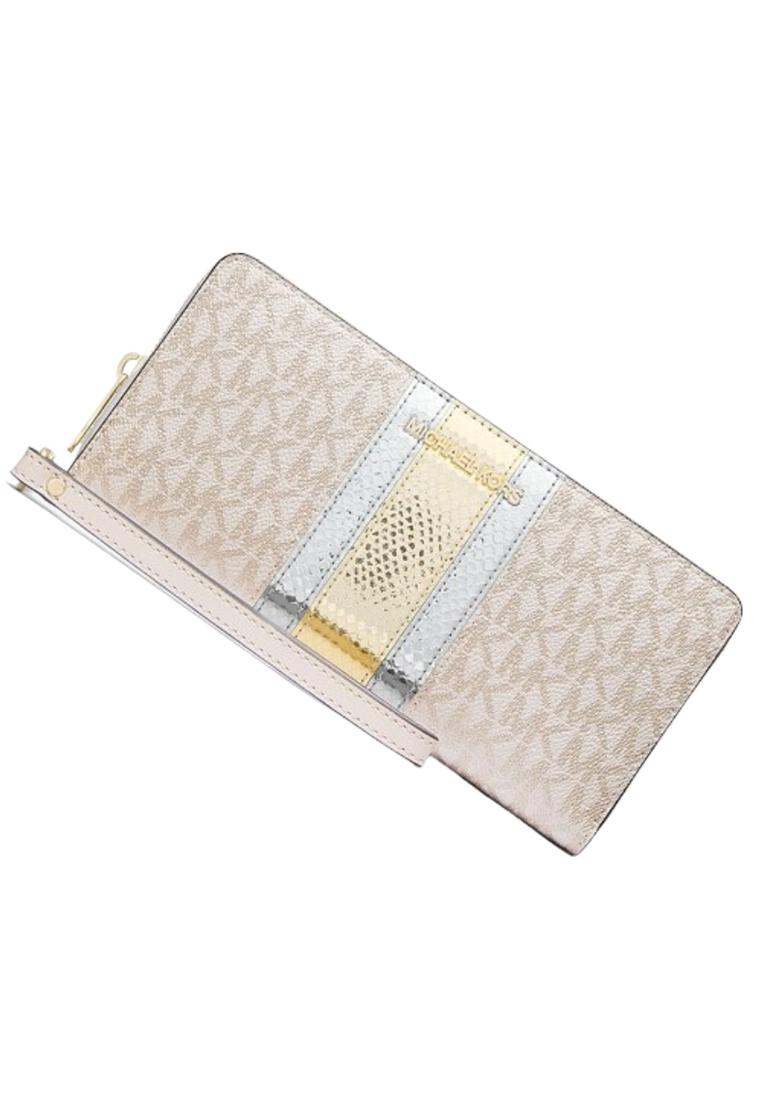 Michael Kors Jet Set Travel Large Signature Logo and Metallic Continental Wallet In Pale Gold 35F4GTVE7V