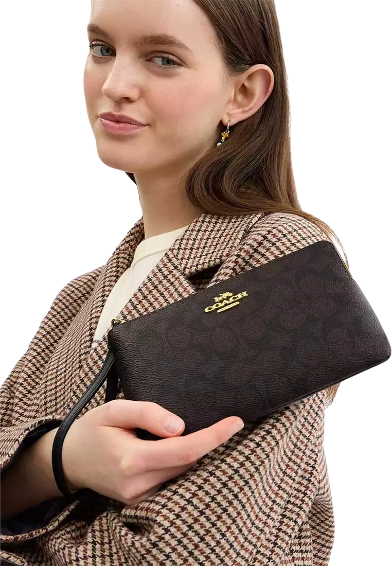 Coach Large Corner Zip Wristlet Signature Canvas In Walnut Black CZ277