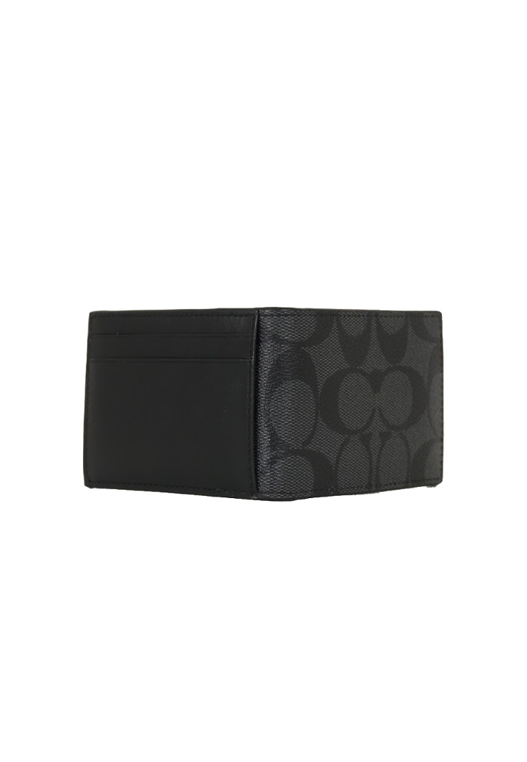 Coach Compact Billfold Wallet Signature Canvas In Charcoal Black CM166