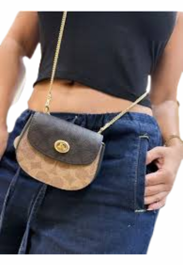 Coach Turnlock Card Case Blocked Signature Canvas In Walnut Tan CZ474