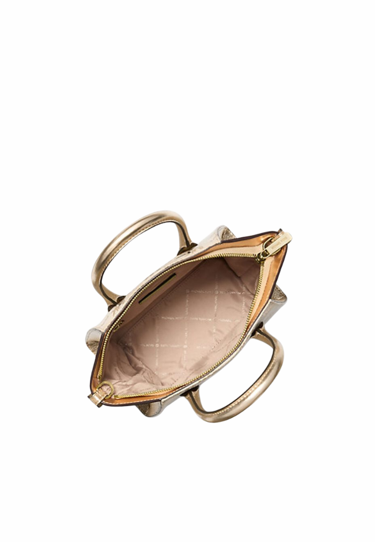 Michael Kors Avril Small Logo Jacquard and Metallic Satchel Bag In Pale Gold 35S5G4VS1U