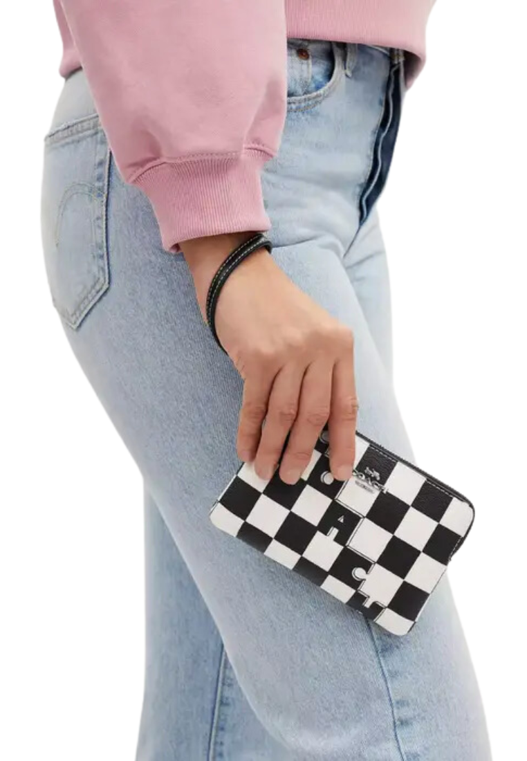 Coach Corner Zip Wristlet With Checkerboard Print In Black Chalk CR813