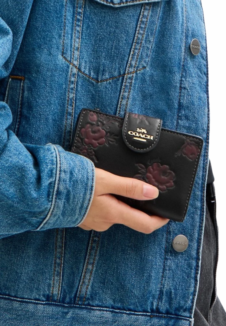 Coach Medium Corner Zip Wallet With Floral Print In Black Wine Multi CCR20