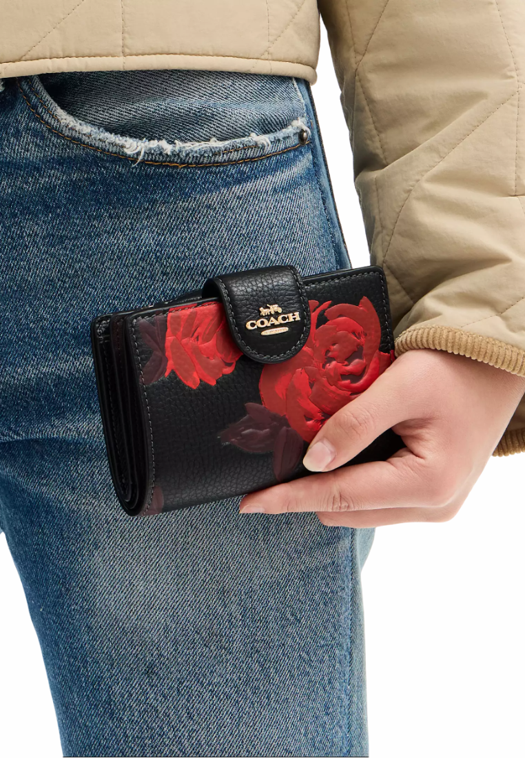 Coach Medium Corner Zip Wallet Signature Floral Print In Black Red CCL63