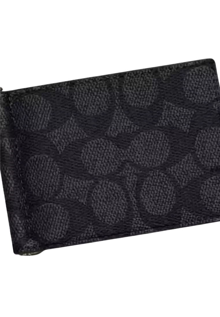 Coach Slim Money Clip Wallet Billfold In Charcoal Black CY059