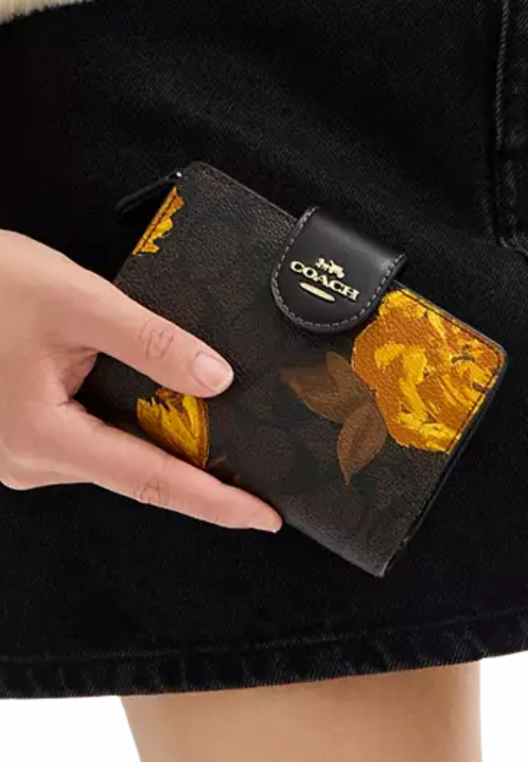 Coach Medium Corner Zip Wallet Signature Floral Print In Walnut Black Multi CCL69