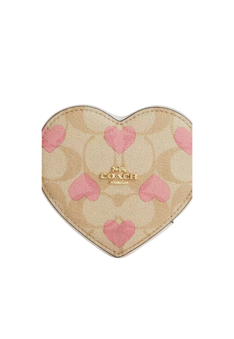 Coach Heart Coin Case Wallet In Signature Canvas with Heart Print In Light Khaki Chalk Multi CP480