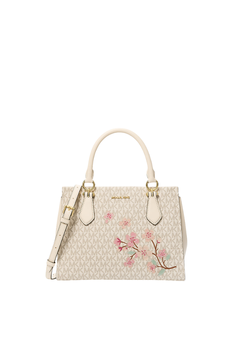 ( PREORDER ) Michael Kors Marilyn Medium Embellished Signature Logo Satchel Bag In Light Cream Multi 35S6G6AS6I