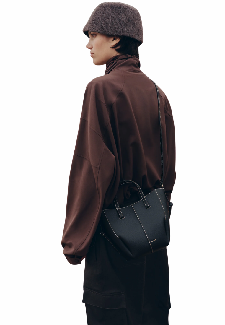 ( PREORDER ) Polene Cyme Nano With Ecru Stitching Tote Bag In Textured Black