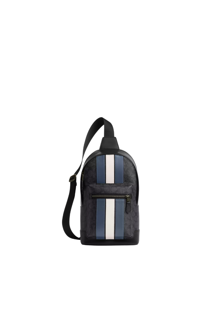 Coach West Pack Bag Signature Canvas With Varsity Stripe In Charcoal Denim Chalk CV923