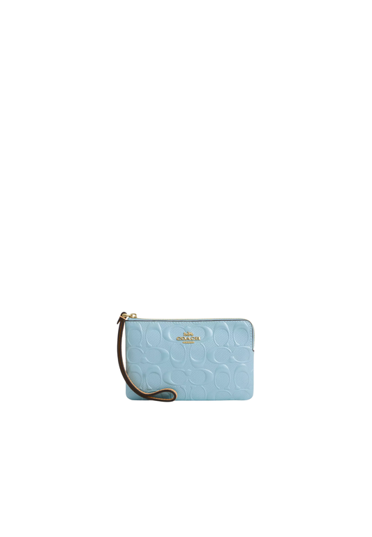 Coach Corner Zip Wristlet Signature Patent Leather In Light Blue CEX36