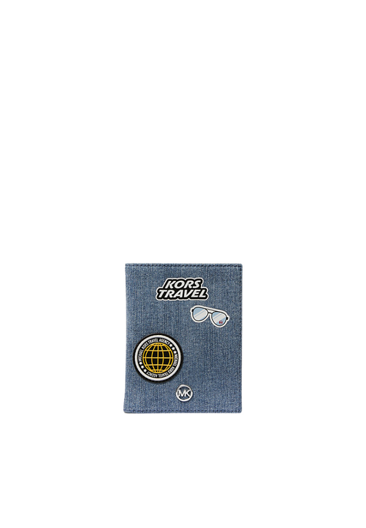 Michael Kors Jet Set Travel Medium Embellished Signature Logo Passport Card Case In Denim 35R5STVN8C