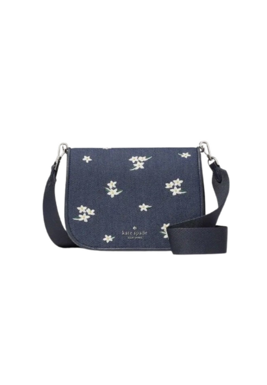 ( AS IS ) Kate Spade Madison Floral Embroidered Saddle Bag Denim In Blazer Blue KC626