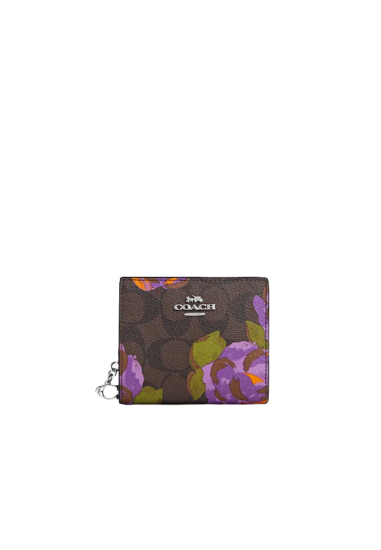 Coach Snap Wallet Signature Canvas With Rose Print In Brown Iris Multi CL664