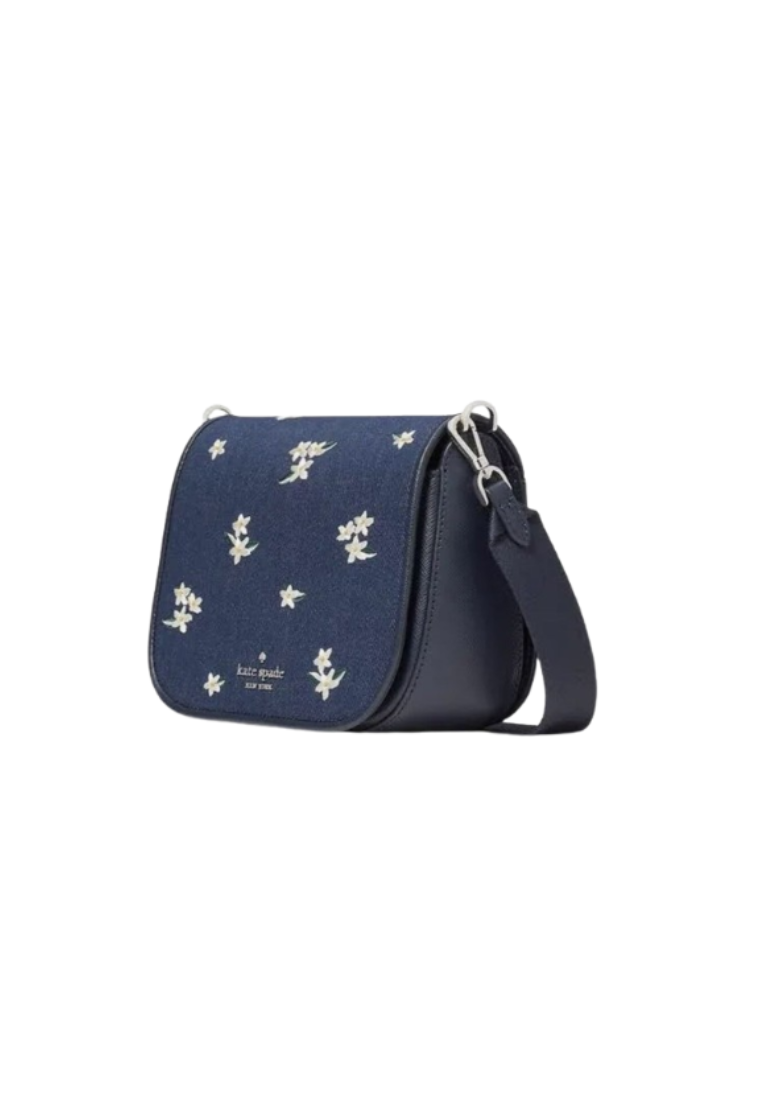 ( AS IS ) Kate Spade Madison Floral Embroidered Saddle Bag Denim In Blazer Blue KC626