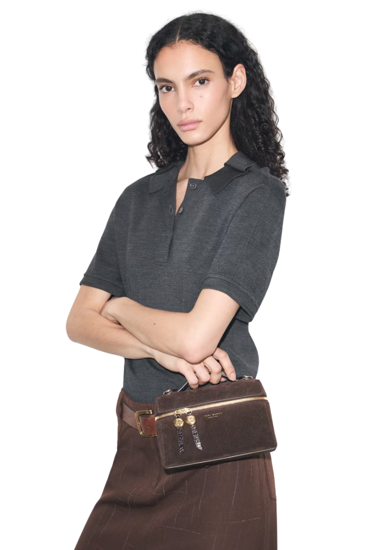 ( PREORDER ) Tory Burch Romy Suede Slim Top Handle In Dark Cocoa 186930