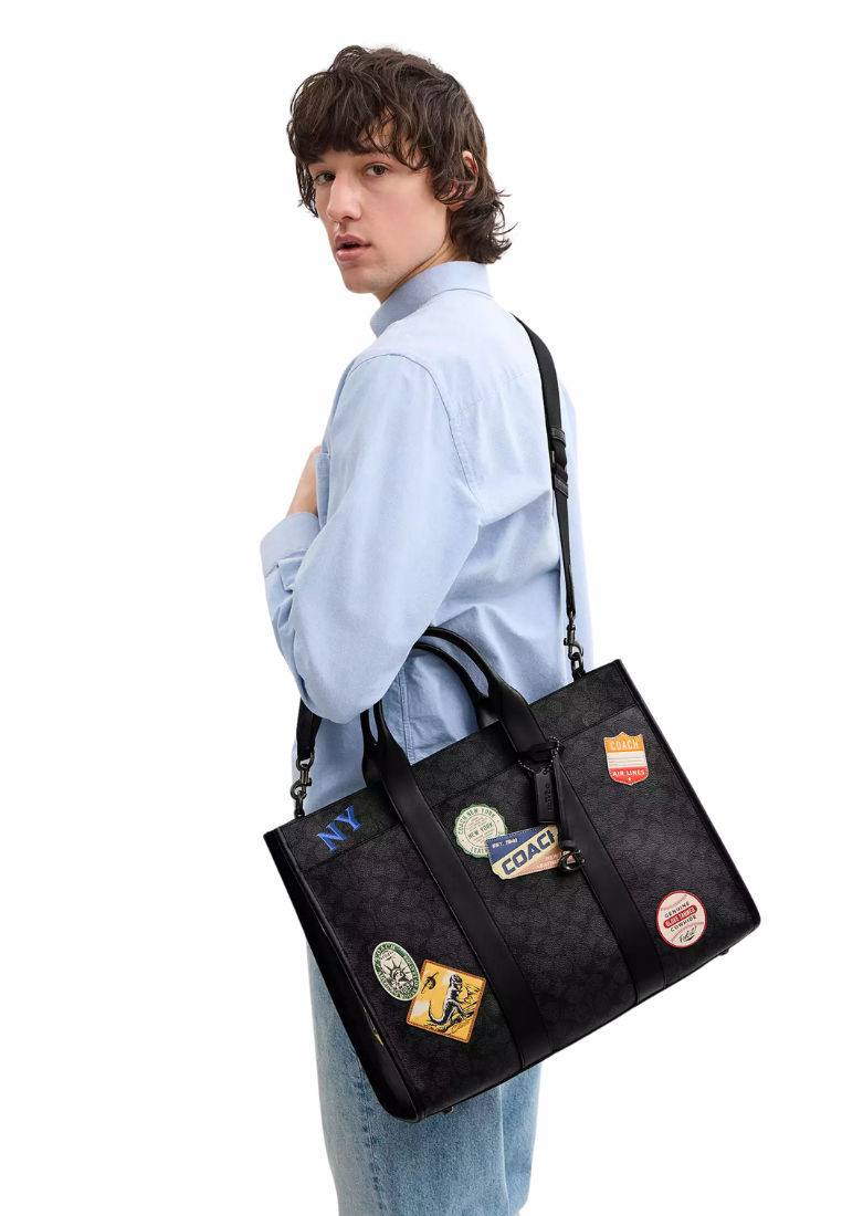 ( PREORDER ) Coach Wesley In Signature Canvas With Patches Tote Bag In Charcoal Multi CBF12