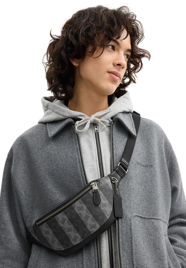 Coach Warren Mini Belt Bag In Signature Canvas With Stripes In Black Grey CEB34