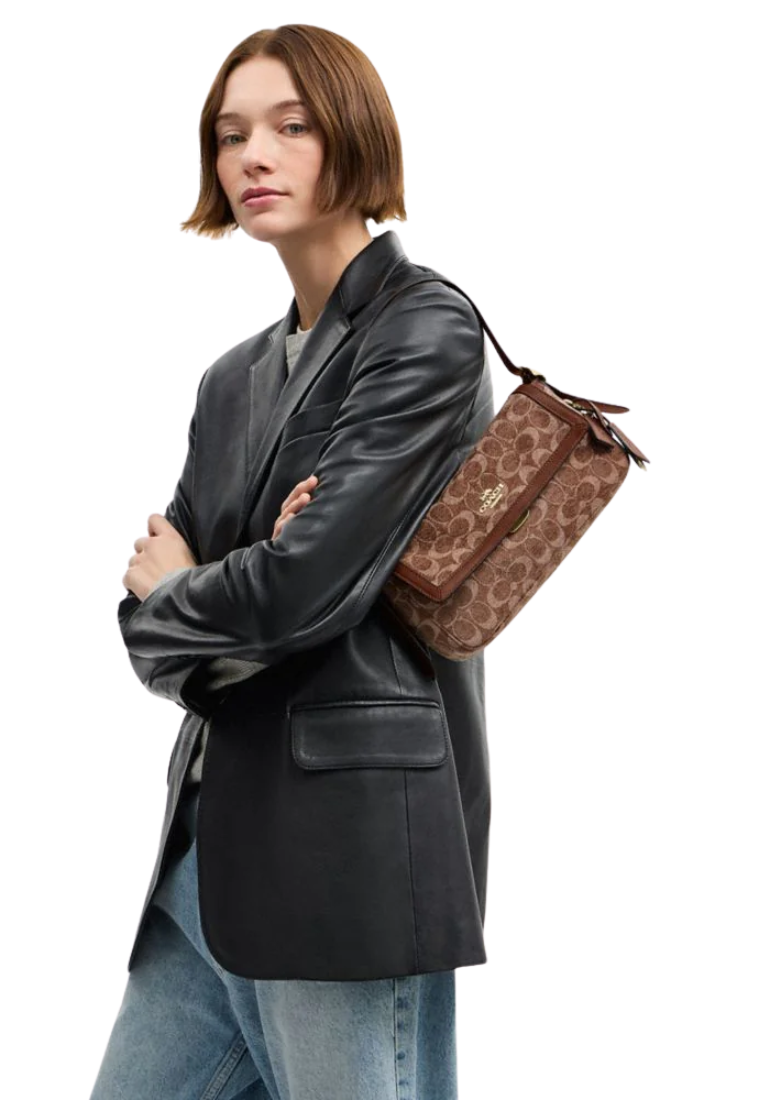 Coach Etta Small Flap Shoulder Bag In Signature Chenille In Vintage Brown CCV65