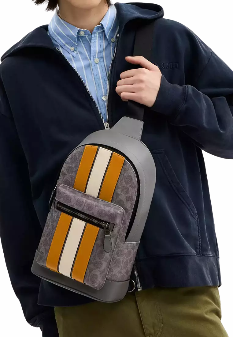 Coach West Pack Crossbody Bag With Varsity Stripe In Grey Chalk CV923