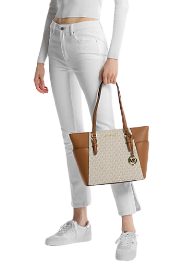 Michael Kors Charlotte 35T0GCFT3B Large Top Zip Tote Bag In Vanilla