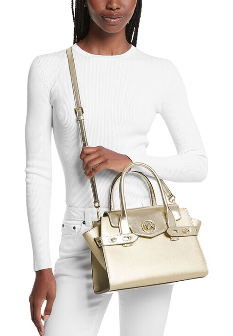 Michael Kors Carmen Medium Metallic Belted Satchel Bag In Pale Gold 35F3GNMS8M