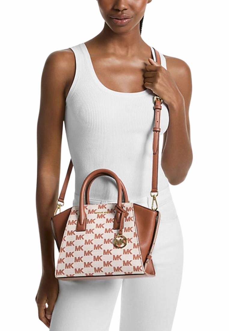 Michael Kors Avril Small Signature Logo Jacquard Satchel Bag In Luggage 35S5G4VS1J