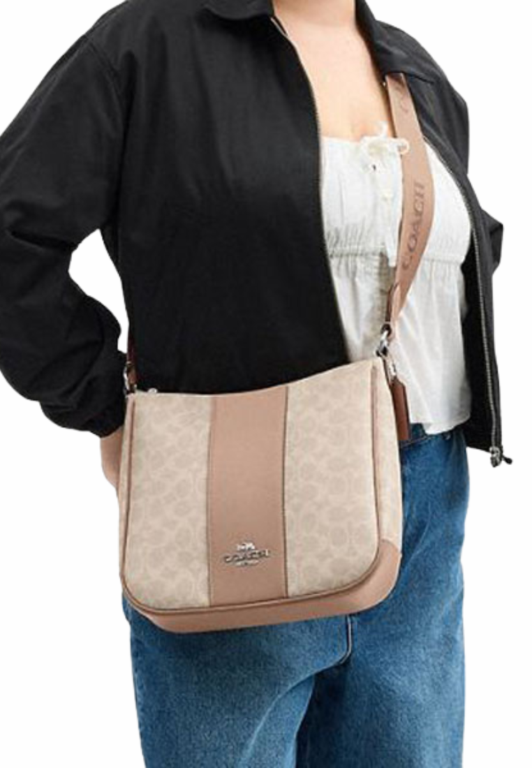 Coach Ellie File Bag Signature Canvas With Stripe In Sand Taupe CZ183