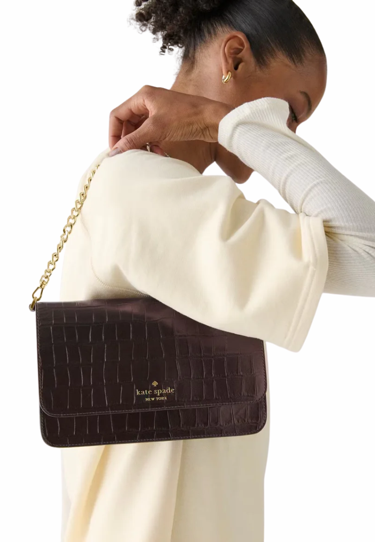 Kate Spade Madison Croc Embossed Willow Crossbody Bag In Hot Fudge KN236