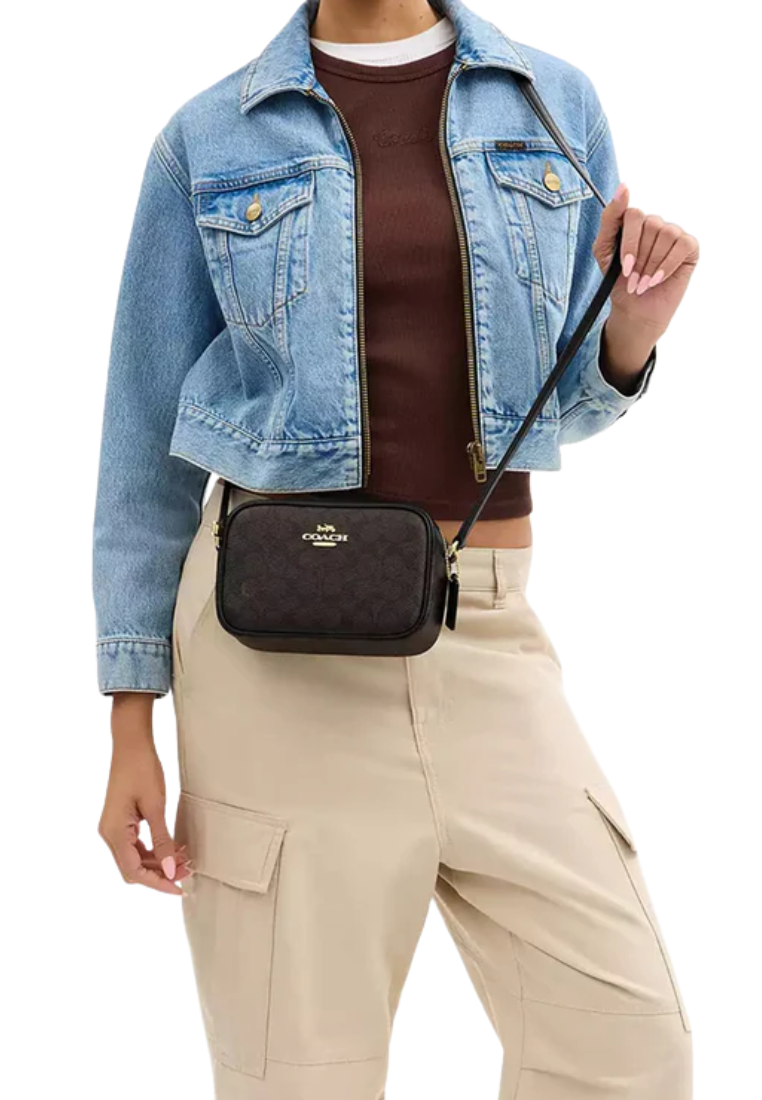 Coach Mini Jamie Camera Bag Signature Canvas In Walnut Black CZ186