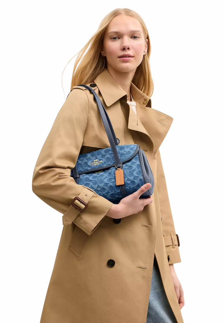 ( PREORDER ) Coach Bridget Flap In Signature Denim Shoulder Bag In Gold Indigo CDE94