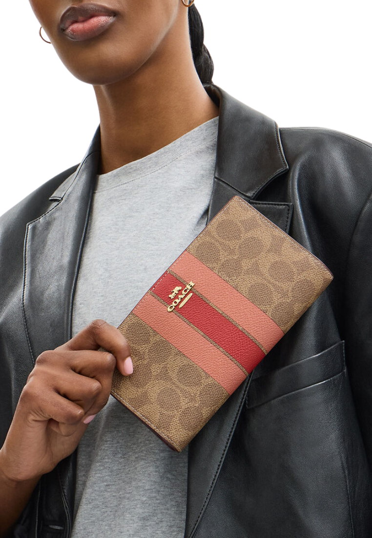 Coach Slim Zip Wallet Signature Canvas With Stripe In Tan Multi CAP23