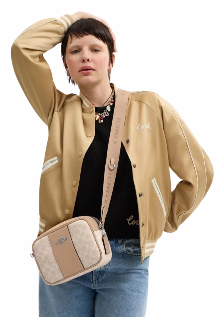 Coach Jamie Camera Bag Signature Canvas With Stripe In Sand Taupe CZ185