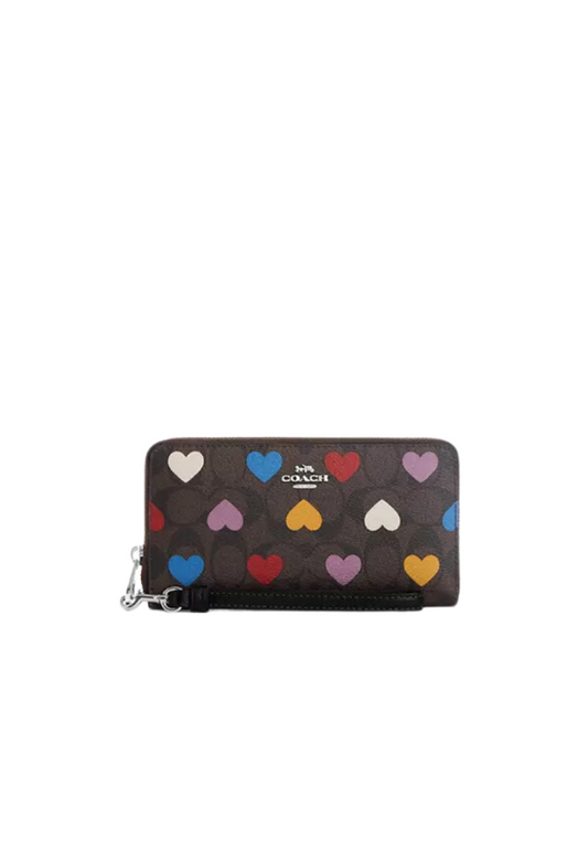 Coach Long Zip Around Wallet In Signature Canvas With Heart Print In Brown Black Multi CP411