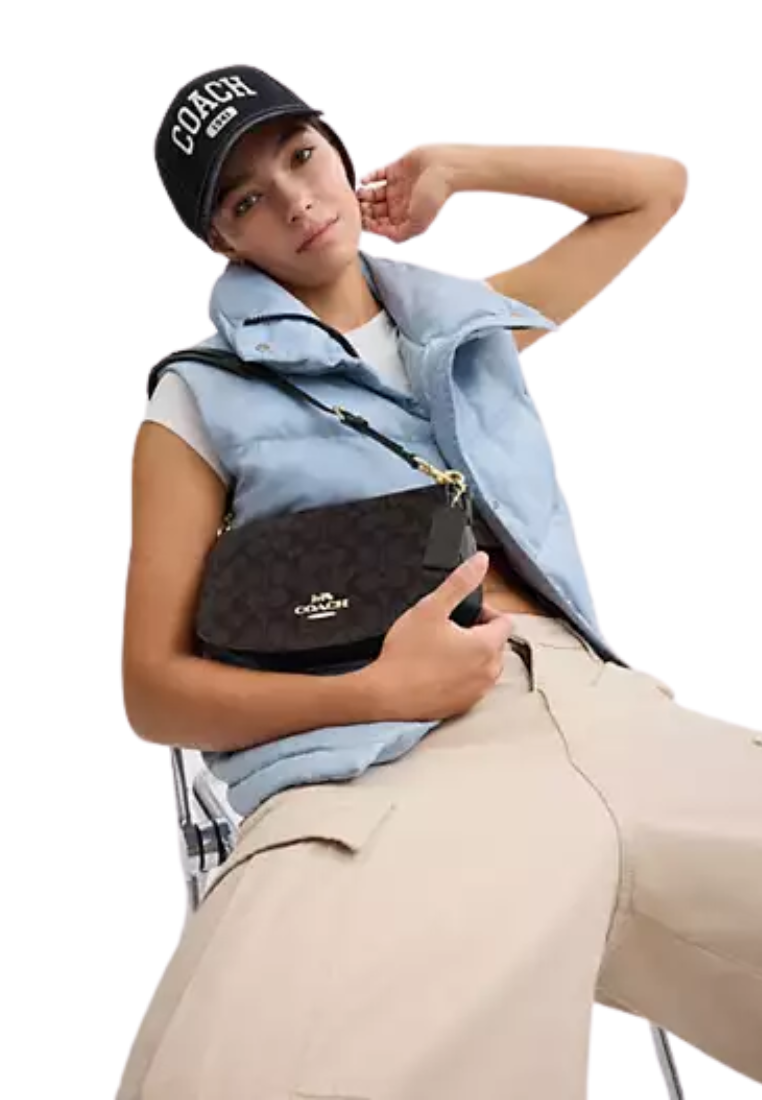 Coach Andrea Shoulder Bag Signature Canvas In Walnut Black CV973