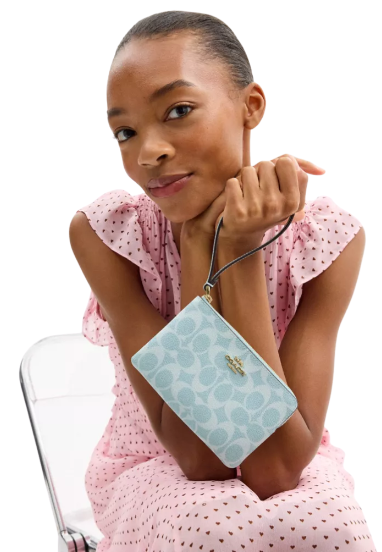 Coach Corner Zip Wristlet Signature Canvas In Light Blue CEY93