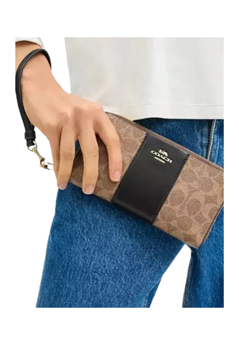 Coach Long Zip Around Wallet Signature Canvas With Stripe In Tan Black CW947