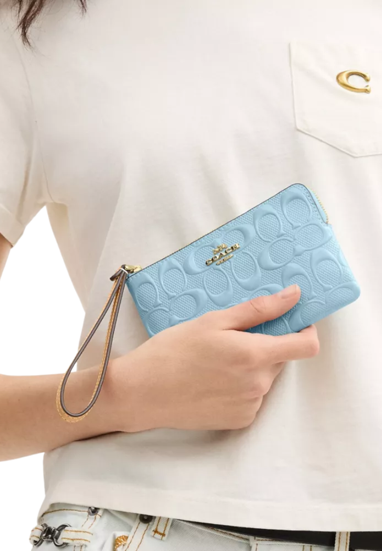 Coach Corner Zip Wristlet Signature Patent Leather In Light Blue CEX36