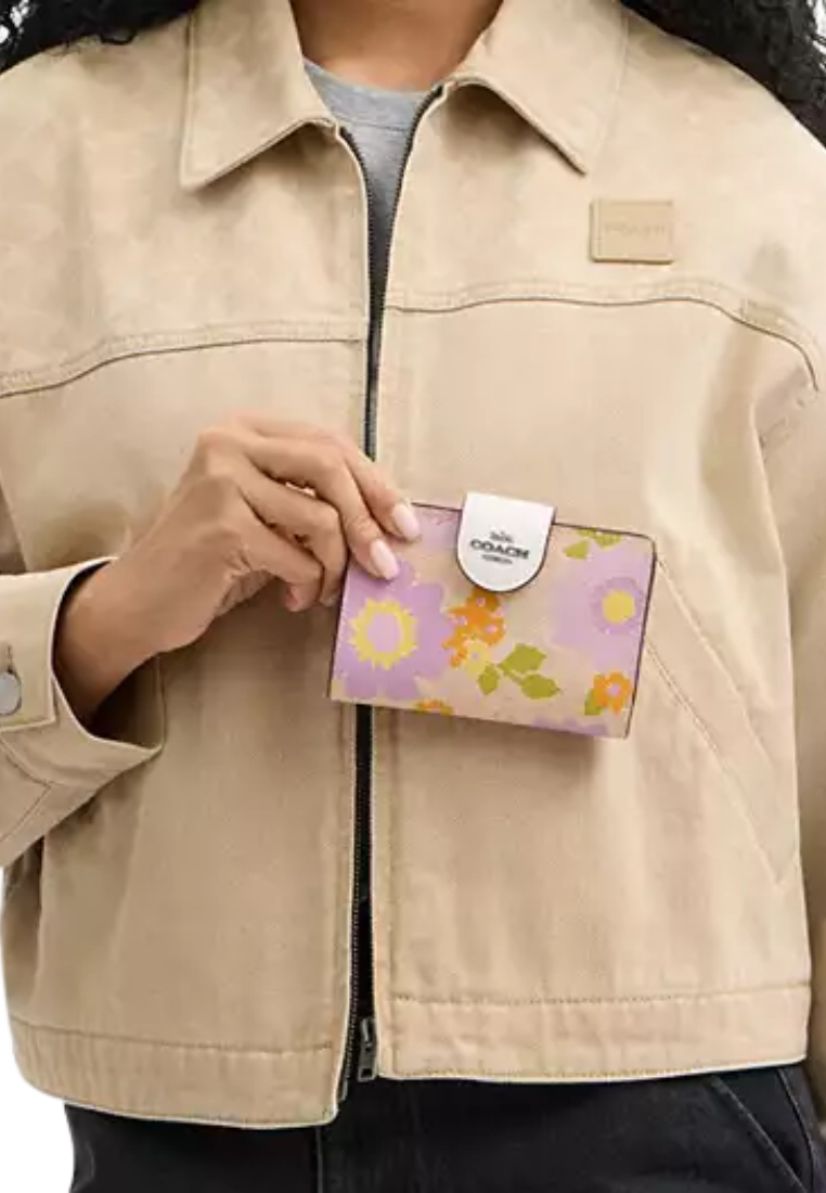 Coach Medium Corner Zip Signature Canvas With Floral Print Wallet In Sand Multi CBO30