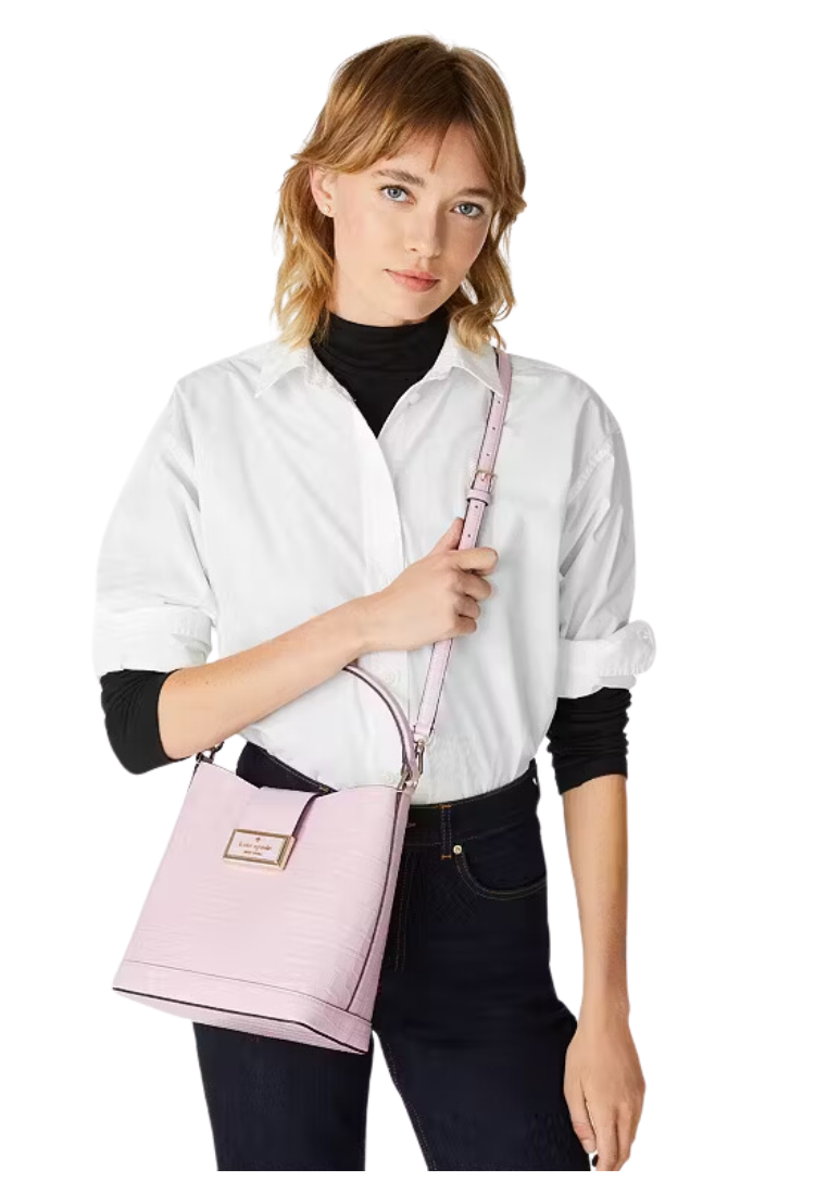 Kate Spade Reegan Croc Embossed Bucket Bag In Quartz Pink KE621