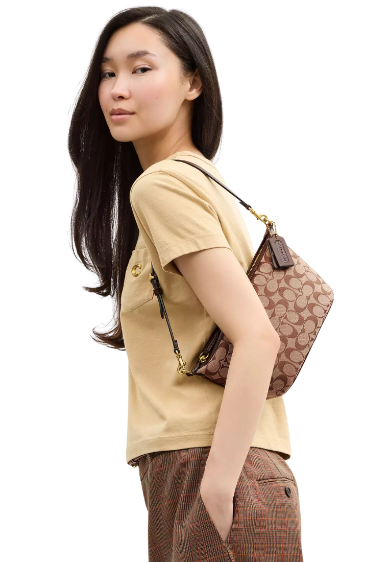 ( PREORDER ) Coach Demi Signature Jacquard Shoulder Bag In Khaki Maple CFT25