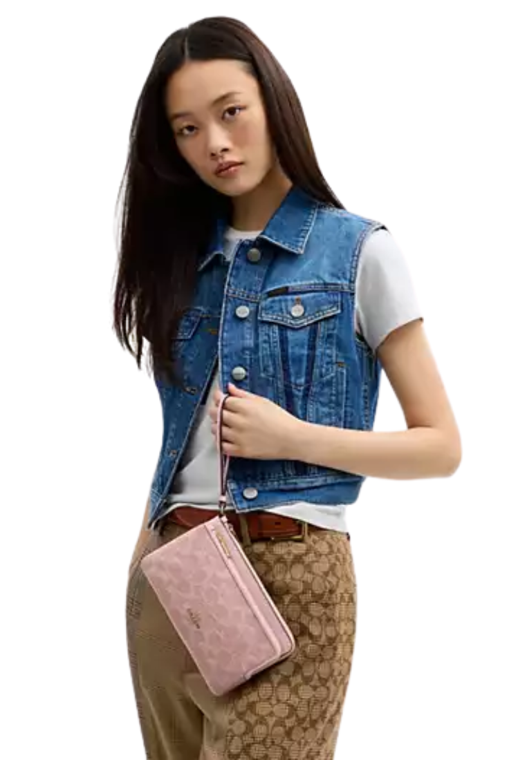 Coach Double Zip Wallet Signature Denim In Light Pink CDN22