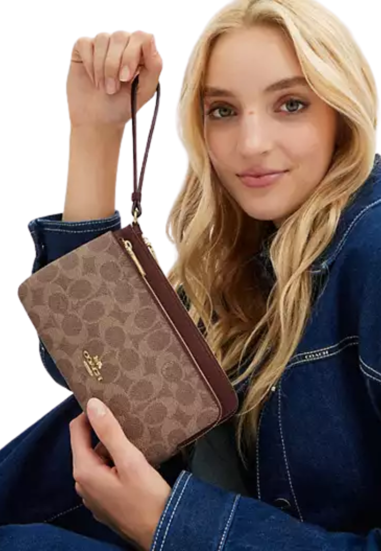 Coach Double Zip Signature Canvas Wallet In Tan Brown CX161