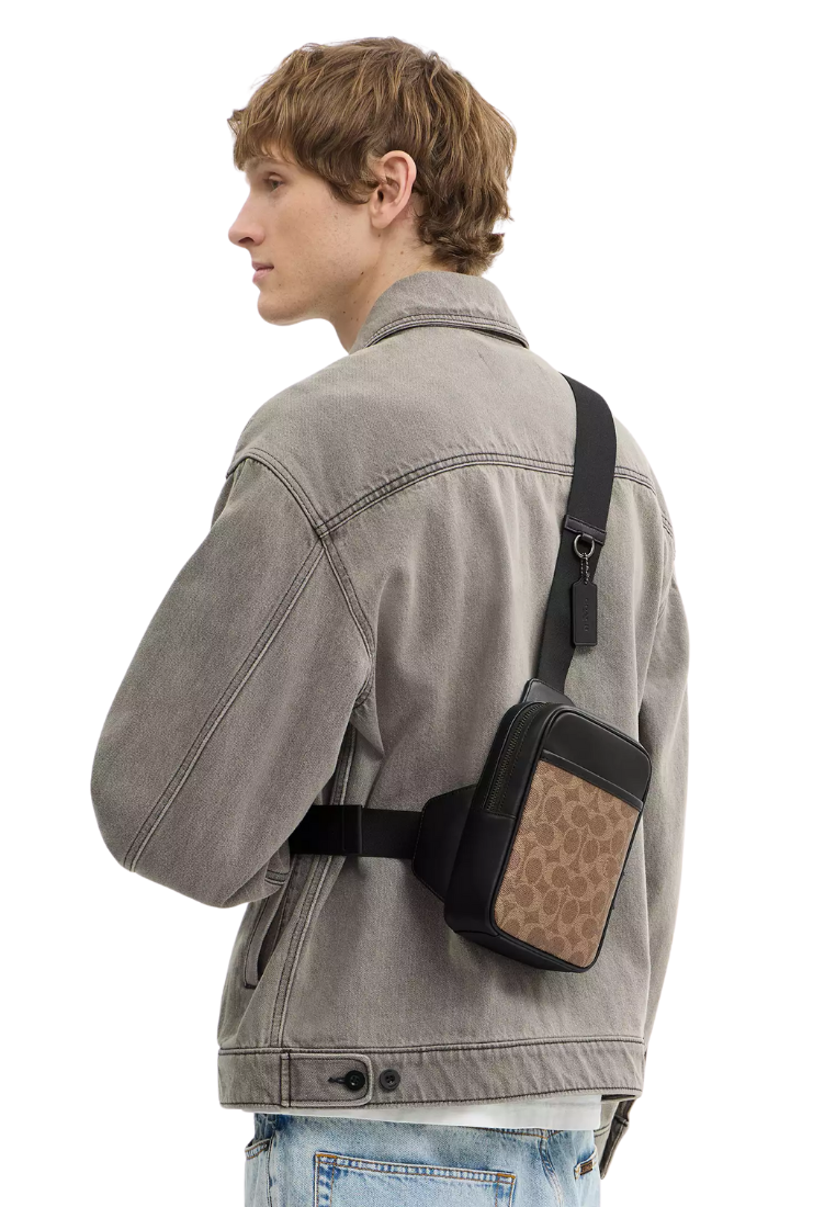 Coach Small Turner Sling Bag In Signature Canvas In Tan Black CCO68