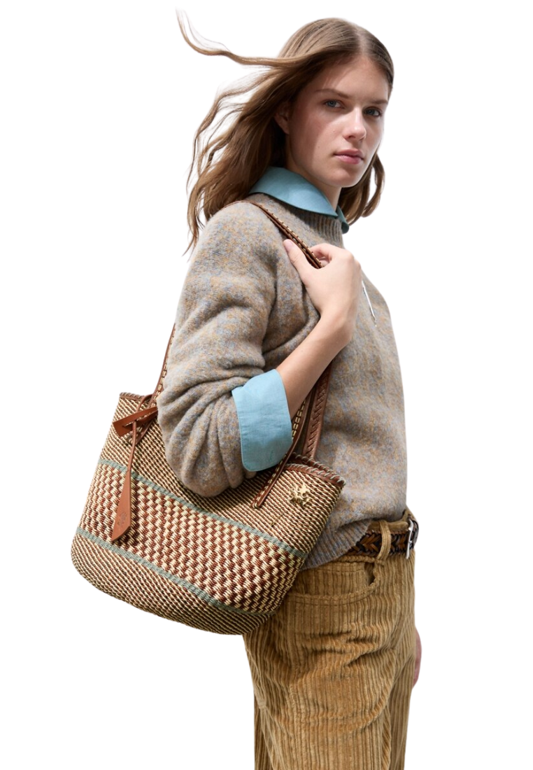 ( PREORDER ) Tory Burch Large Handwoven Basket Tote Bag In Cognac Multi 190141