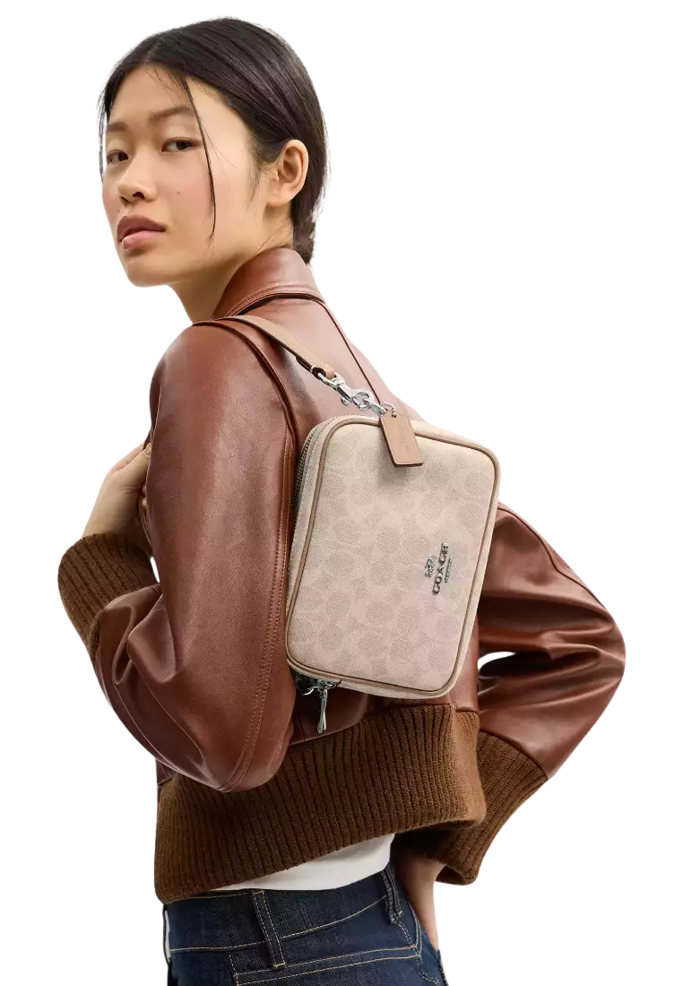 Coach Mini Shoulder Bag Carey With Signature Canvas In Sand Taupe CEK69