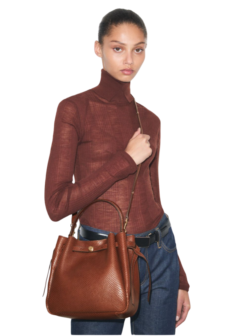 ( PREORDER ) Tory Burch Romy Snake-Embossed Bucket Bag In Sweet Maple 182906