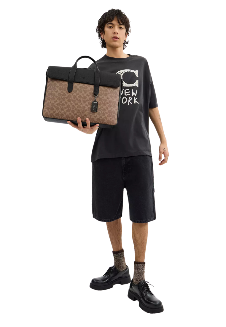 ( PREORDER ) Coach Sullivan In Signature Canvas Portfolio Brief In Tan Black CZ402