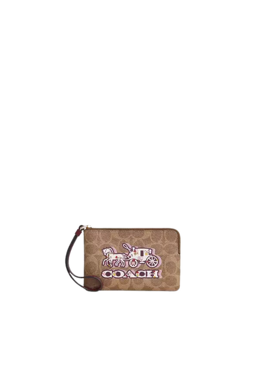 ( PREORDER ) Coach Corner Zip Wrislet In Gold Tan Black Cherry CX589